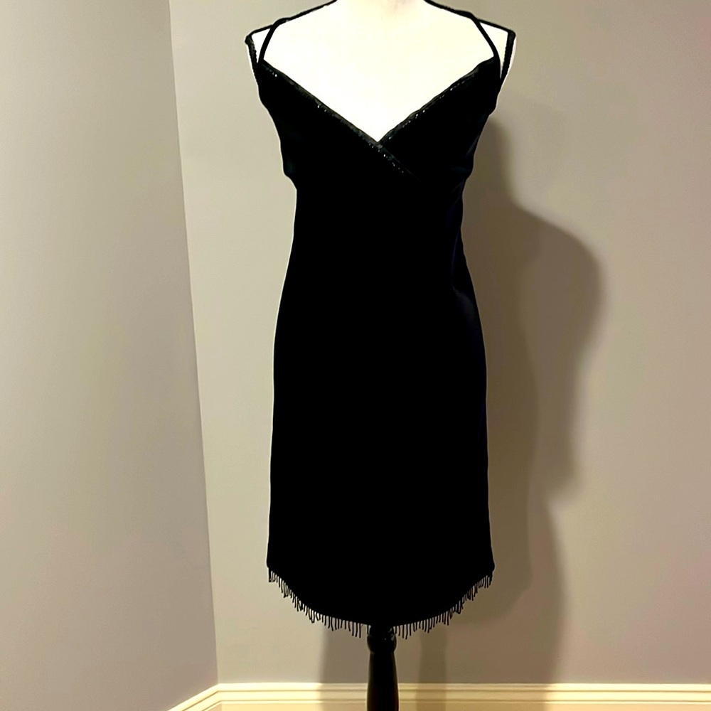 Ann Taylor LOFT Black Dress With Piping & Beaded Chest & Hem